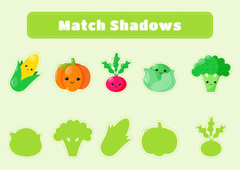 Educational game for kids. Cute veggies. Match shadows. Educational activity worksheet.Illustration for kids books and workbooks. Logical quest for children.  Vector illustration.