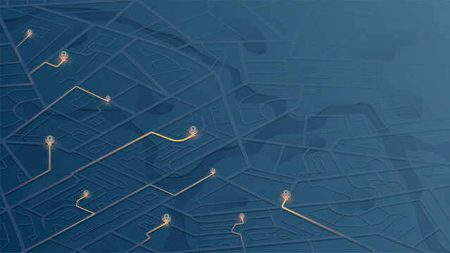 City route navigation on dark blue map with glowing path and location markers. GPS tracking and urban navigation technology concept. Vector illustration.