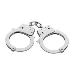 Two handcuffs are shown, isolated on white or transparent background. PNG, Metal Restraint, Security, Law Enforcement, and Crime Graphic Element.
