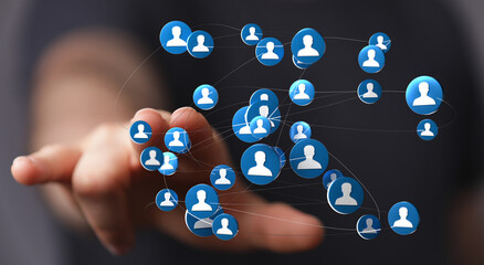 Hand reaching towards a network of connected people, symbolizing teamwork, communication, and global connection within a digital landscape, crea