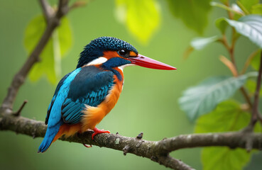 Fototapeta premium Colorful kingfisher bird perches on tree branch with green leaves in background. Vibrant blue, orange feathers, red beak. Bird sits in natural environment, waiting to catch fish in Netherlands