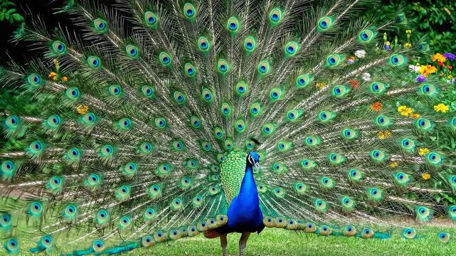 A magnificent peacock displaying vibrant feathers in a garden setting