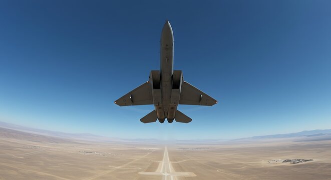F-15 Eagle soars above desert landscape under clear blue sky.