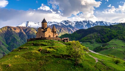 Ancient stone church sits atop a green hill with mountain backdrop