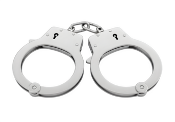 Two handcuffs are shown, isolated on white or transparent background. PNG, Metal Restraint, Security, Law Enforcement, and Crime Graphic Element.