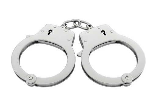 Two handcuffs are shown, isolated on white or transparent background. PNG, Metal Restraint, Security, Law Enforcement, and Crime Graphic Element.