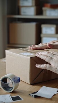 Hands applying sticker label to package on cardboard shipping box