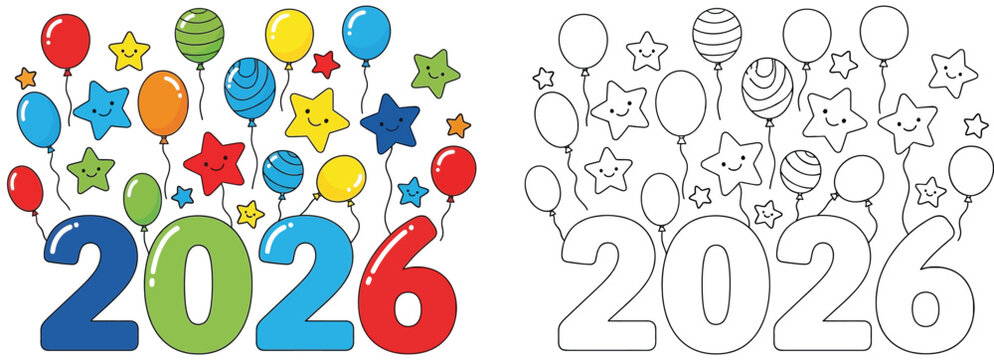 Happy New Year 2026 Celebration with Colorful Balloons and Stars - Festive Holiday Design Elements, Isolated Outline and Colored Versions for Kids' Activities