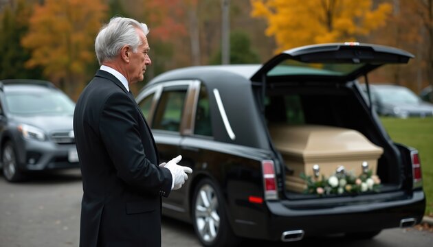 Older gentleman in dark suit stands beside black hearse at memorial event. Wears white gloves, appears somber reflecting loss, grief during outdoor daytime service. Casket visible inside vehicle.