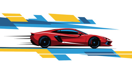 Dynamic illustration of a sleek red sports car moving at high speed against an abstract, geometric background of blue and yellow