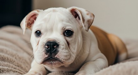 Obraz premium Adorable Bulldog Puppy Portrait on Soft Blanket Capturing Innocence and Cuteness