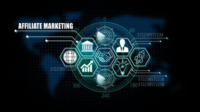 affiliate marketing Lifecycle on Futuristic Radar Technology Background. 4k animation 