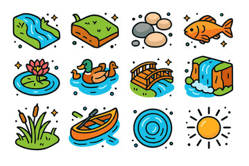 Naklejka premium Colorful River Icons. River scenery. Colorful isometric vector icons set of river scenery: river, riverbank, pebbles, fish, water lilies, ducks, wooden bridge,