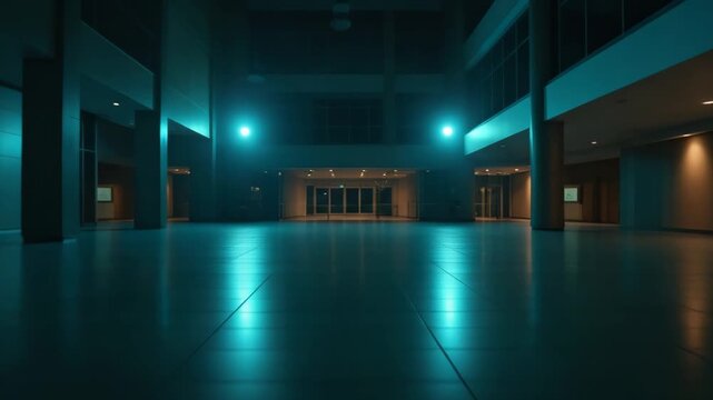 Eerie glow in modern atrium as lights illuminate spacious hallway