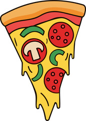 Pizza Slice Vector Illustration with Melting Cheese, Sausage, Mushroom, and Green Onion — Tasty Fast Food Icon for Menu Design, Restaurant Branding, Delivery App, and Italian Cuisine Concept