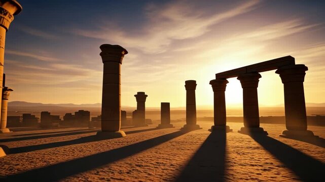 Ancient ruins at sunset: majestic columns cast long shadows in golden light
