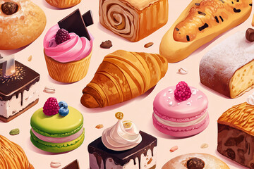 
Bakery and pastry items in cute cartoon style 