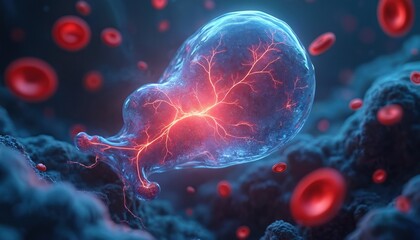 Microscopic view embryo cellular structure. Red blood cells, veins seen. Science, health, medicine research, study shown. Biological illustration body internal system anatomy at cellular level.
