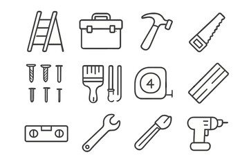 Obraz premium Home Improvement Icons. Home improvement. Line icon set of home improvement: ladder, toolbox, hammer, saw, screws, nails, paint brush, measuring tape, plank,