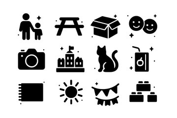 Naklejka premium Family LEGO Fun. Family LEGO Day. Solid icons set of Family LEGO Day: parent and child, picnic table, open box, smiling faces, camera, completed city, cat pet,