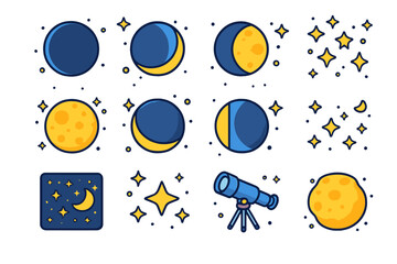 Obraz premium Lunar Phase Icons. Lunar observation. Colorful isometric vector icons set of lunar observation: new moon, waxing crescent, first quarter, waxing gibbous, full