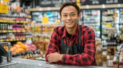 Smiling Young Man in Red Checkered Shirt at Grocery Store Checkout