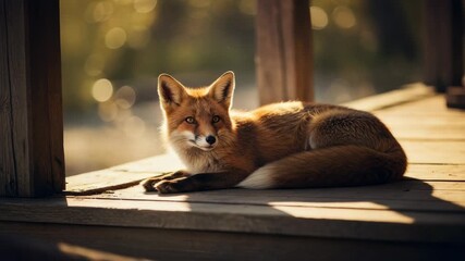 Relaxed red fox lounging on sunlit wooden deck in tranquil nature setting