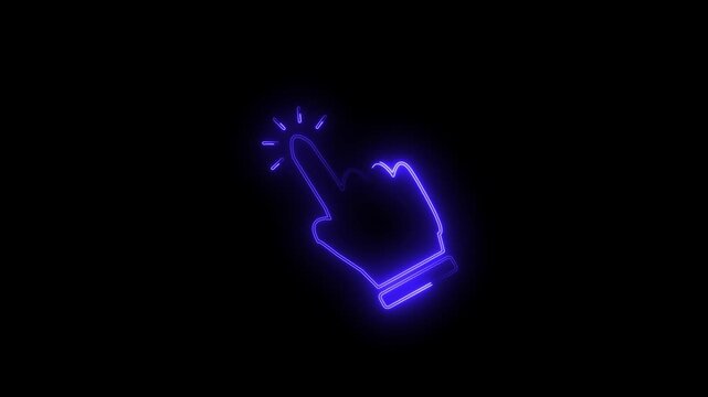 Glowing neon blue hand pointer icon isolated on transparent black background, click, tap, selection, user interface, and interactive element ,4k video .