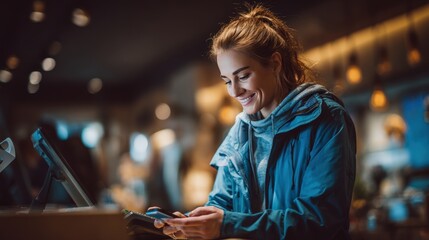 Woman in Blue Jacket Making Mobile Payment in Cozy Retail Setting