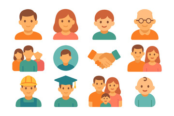 Diverse family and community avatars in a flat design set