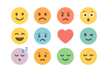 Colorful emoji set featuring various expressions in flat design style