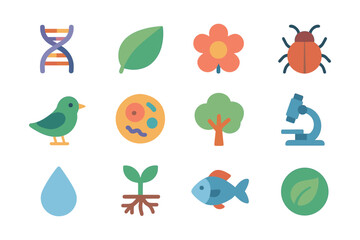 Colorful flat nature and science icons featuring dna, flora, fauna, and microscopy elements