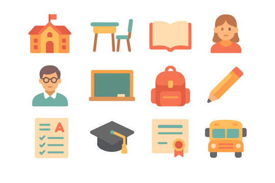 Colorful school icons set featuring education essentials and student supplies