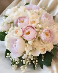 Elegant Wedding Peony and Rose Bouquet Arrangements in Soft Pink and White with Gold Accents