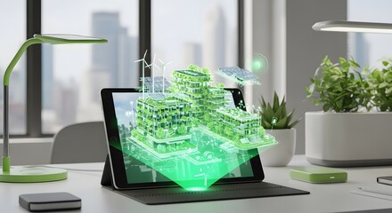 Futuristic smart city hologram projected from a tablet on a desk, showcasing sustainable urban development and green technology