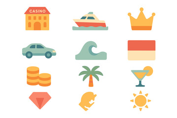 Colorful flat icons: casino, yacht, crown, and more for travel and leisure themes