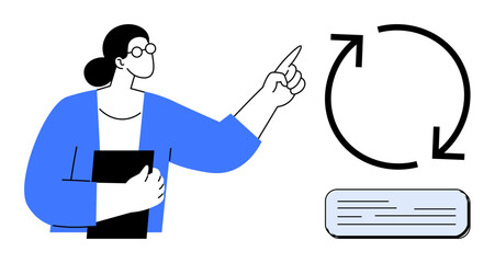 Woman holding a book and pointing at a circular flow diagram. Ideal for education, knowledge, learning process, innovation, strategy, growth, teamwork. A simple flat metaphor