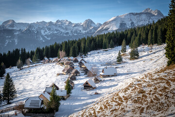 Snowy mountain village with traditional wooden houses and pine trees.