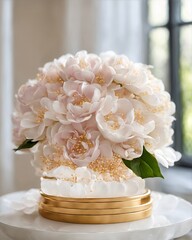 Elegant Wedding Peony and Rose Bouquet Arrangements in Soft Pink and White with Gold Accents