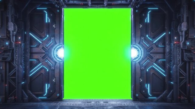Futuristic door opens, revealing a brilliant green screen portal. Universal for editing, VFX, background replacement