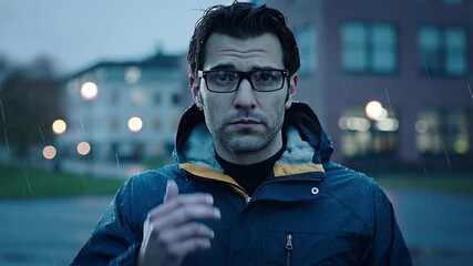 Man wiping rain off glasses - Powered by Adobe