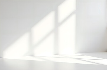 Minimalist interior with dramatic light and shadow play on white