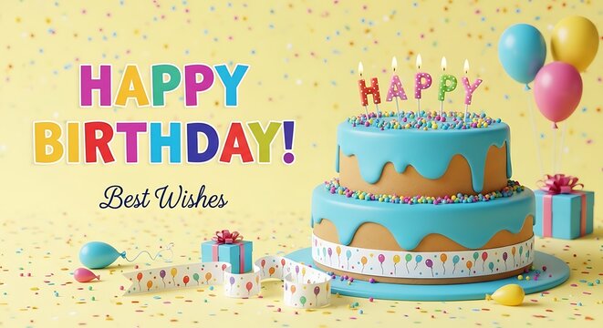 Vibrant Happy Birthday Celebration with Blue Cake and Colorful Balloons.