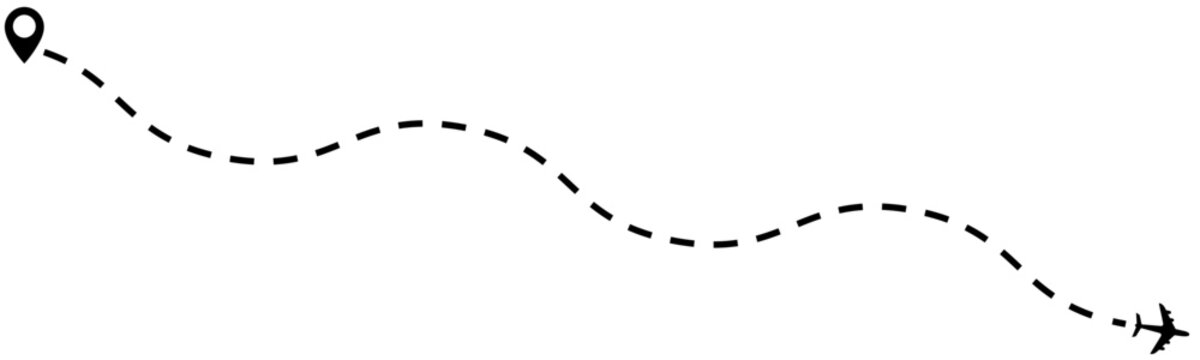 A flying plane is illustrated with a on location map dashed line. Marker hand-drawn line border and scribble design elements. Lines hand drawn paint brush stroke. Vector 