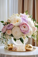 Elegant Wedding Peony and Rose Bouquet Arrangements in Soft Pink and White with Gold Accents