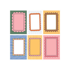 Six colorful decorative frames with scalloped edges and patterned backgrounds border