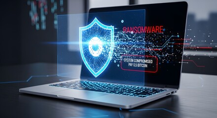 Ransomware attack on a laptop computer, displaying a security shield and payment request