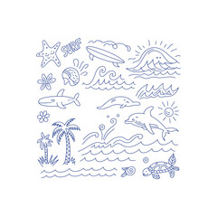 Hand drawn blue line art beach and ocean elements on white background waves surfing