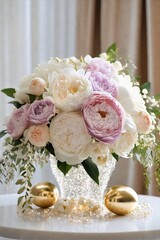 Elegant Wedding Peony and Rose Bouquet Arrangements in Soft Pink and White with Gold Accents