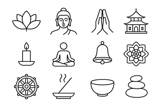 Minimalist line art icons of buddhist symbols for mindfulness and meditation
